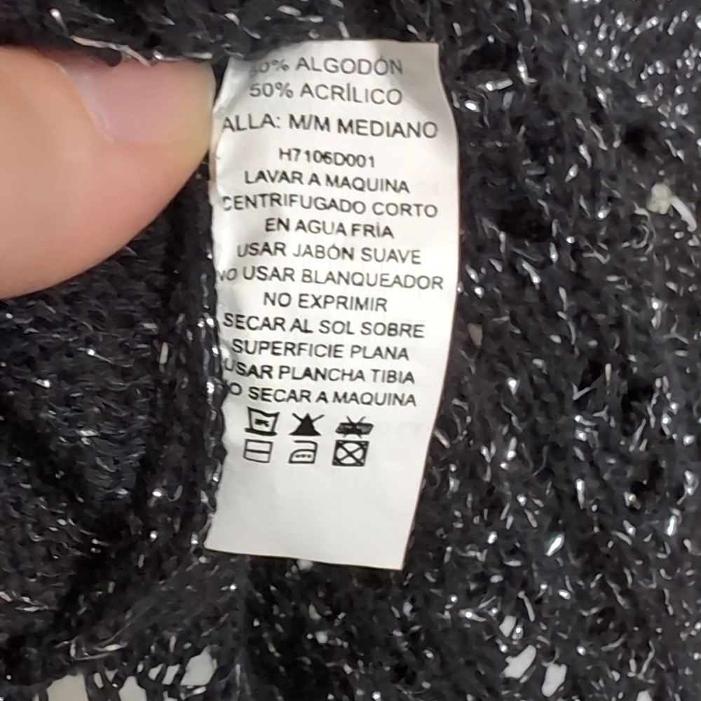 Black Silver Metallic Knit Dress with Pompom Front Vneck Size Medium - Picture 6 of 6